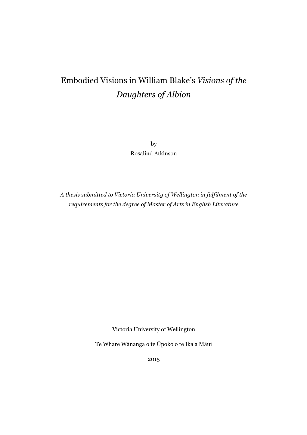 Embodied Visions in William Blake’S Visions of the Daughters of Albion