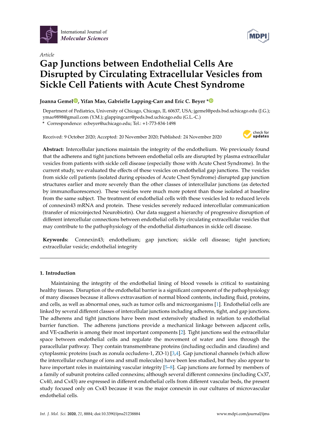 Gap Junctions Between Endothelial Cells Are Disrupted by Circulating Extracellular Vesicles from Sickle Cell Patients with Acute Chest Syndrome