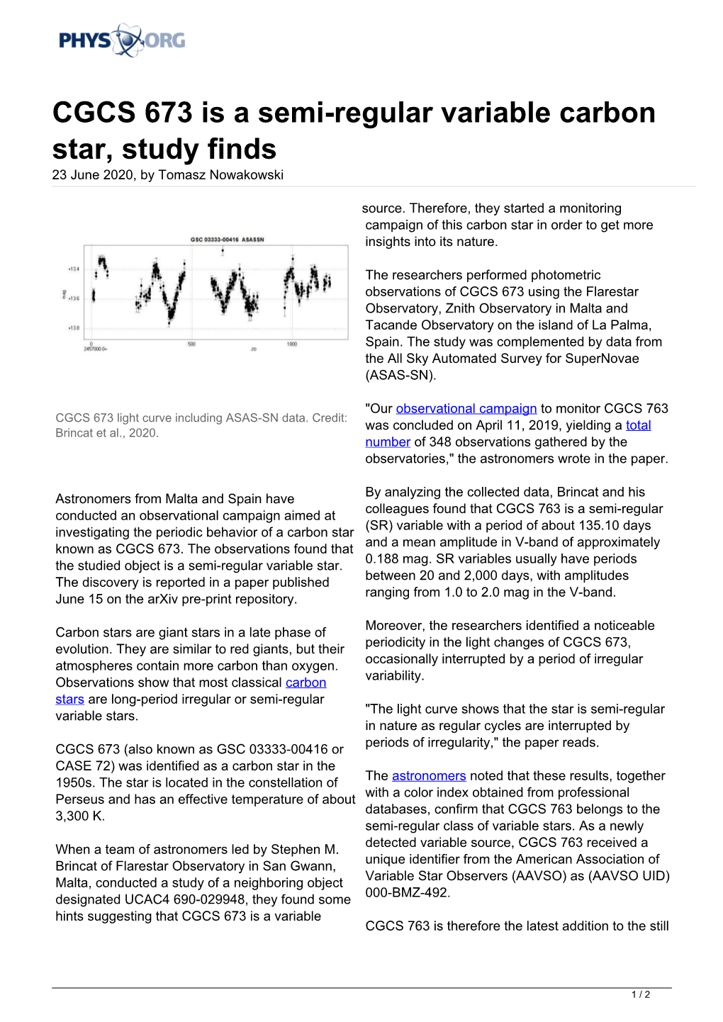 CGCS 673 Is a Semi-Regular Variable Carbon Star, Study Finds 23 June 2020, by Tomasz Nowakowski