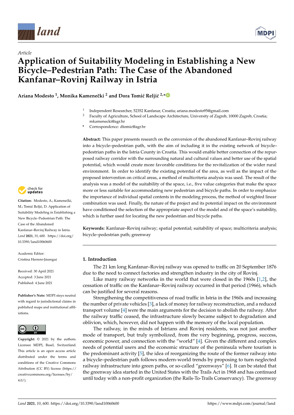 Application of Suitability Modeling in Establishing a New Bicycle–Pedestrian Path: the Case of the Abandoned Kanfanar–Rovinj Railway in Istria