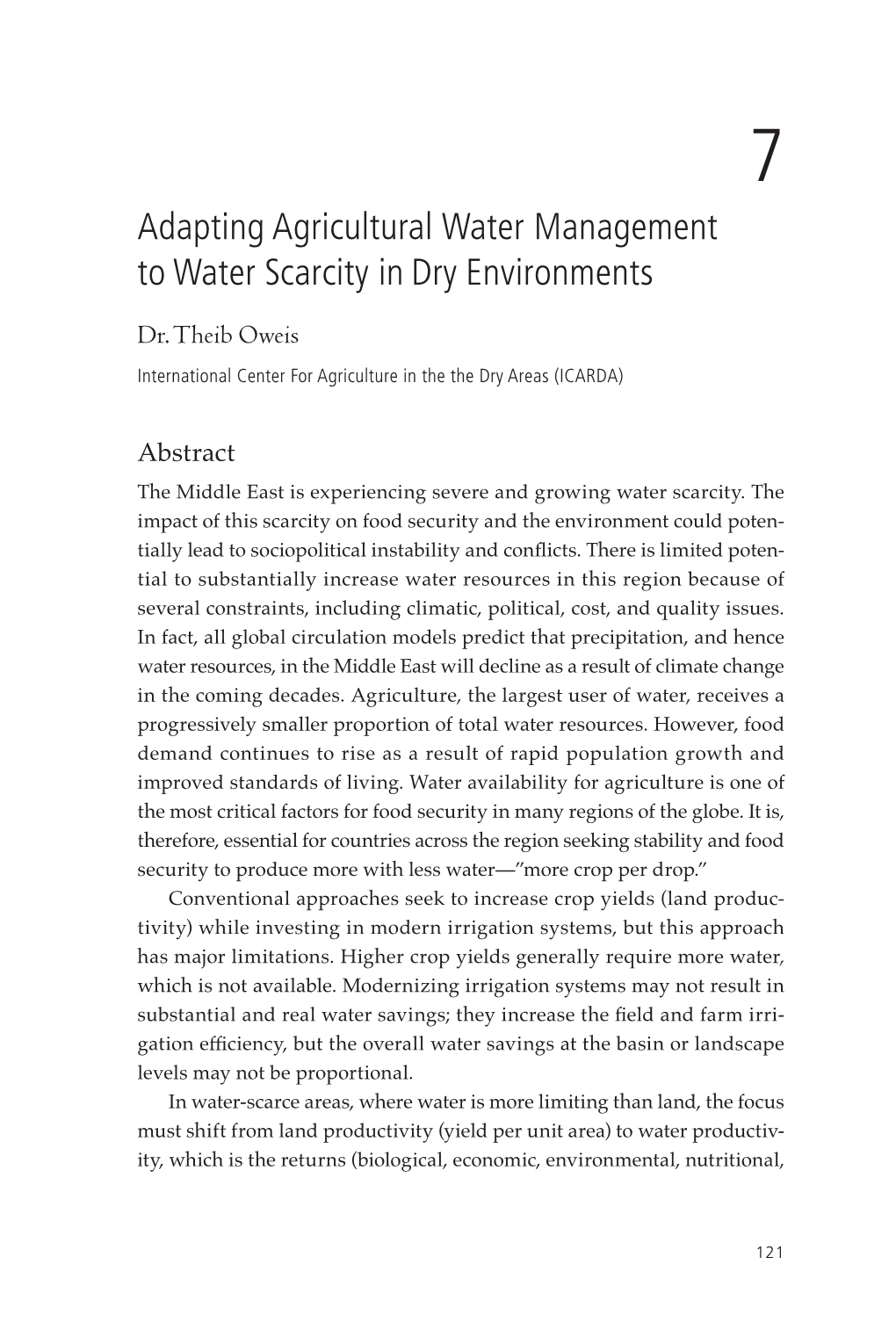 Adapting Agricultural Water Management to Water Scarcity in Dry Environments