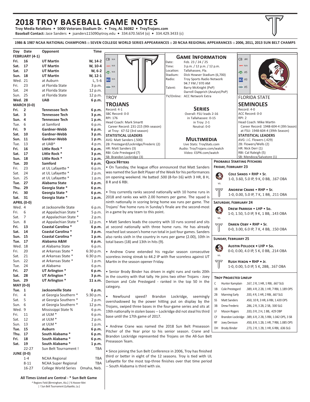 2018 TROY BASEBALL GAME NOTES Troy Media Relations • 5000 Veterans Stadium Dr