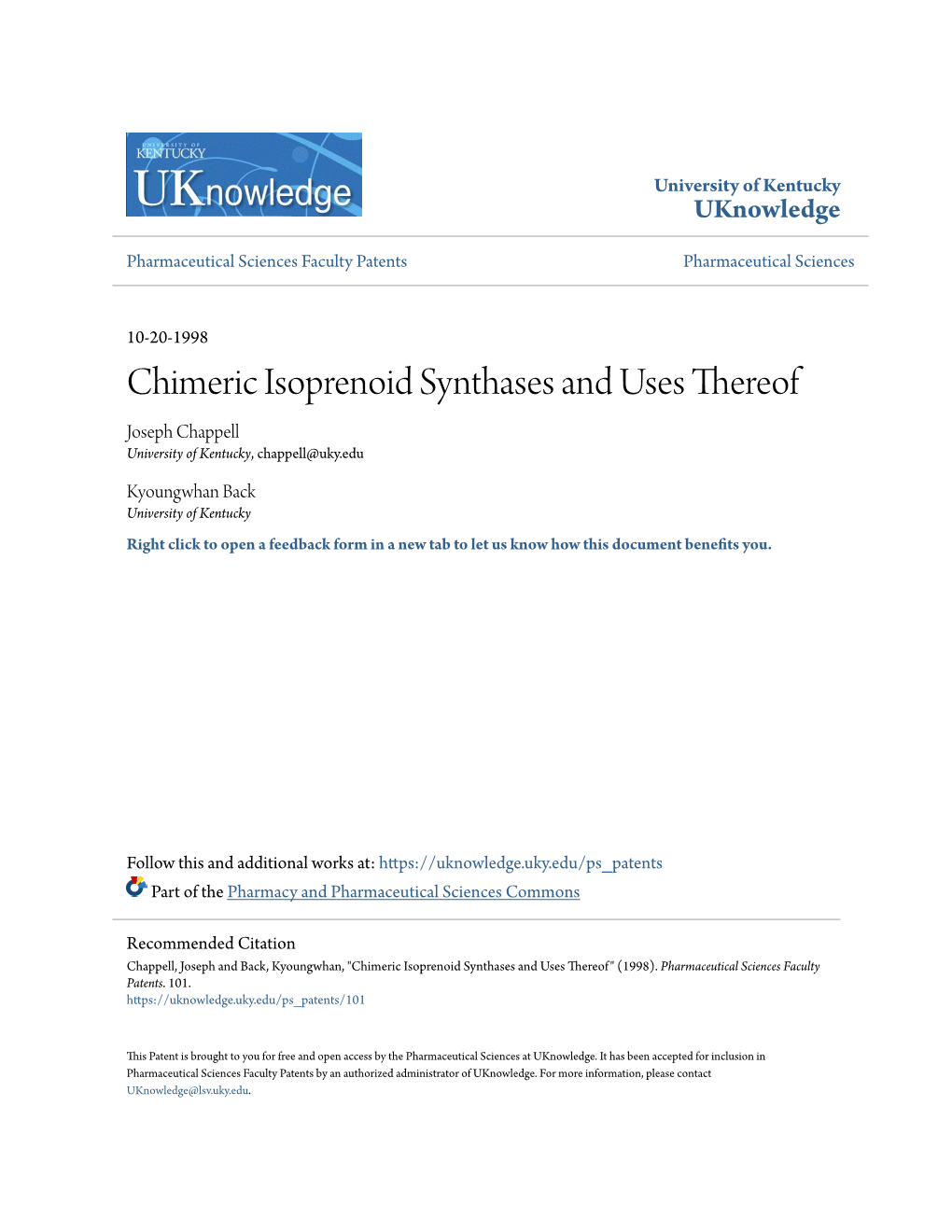 Chimeric Isoprenoid Synthases and Uses Thereof Joseph Chappell University of Kentucky, Chappell@Uky.Edu