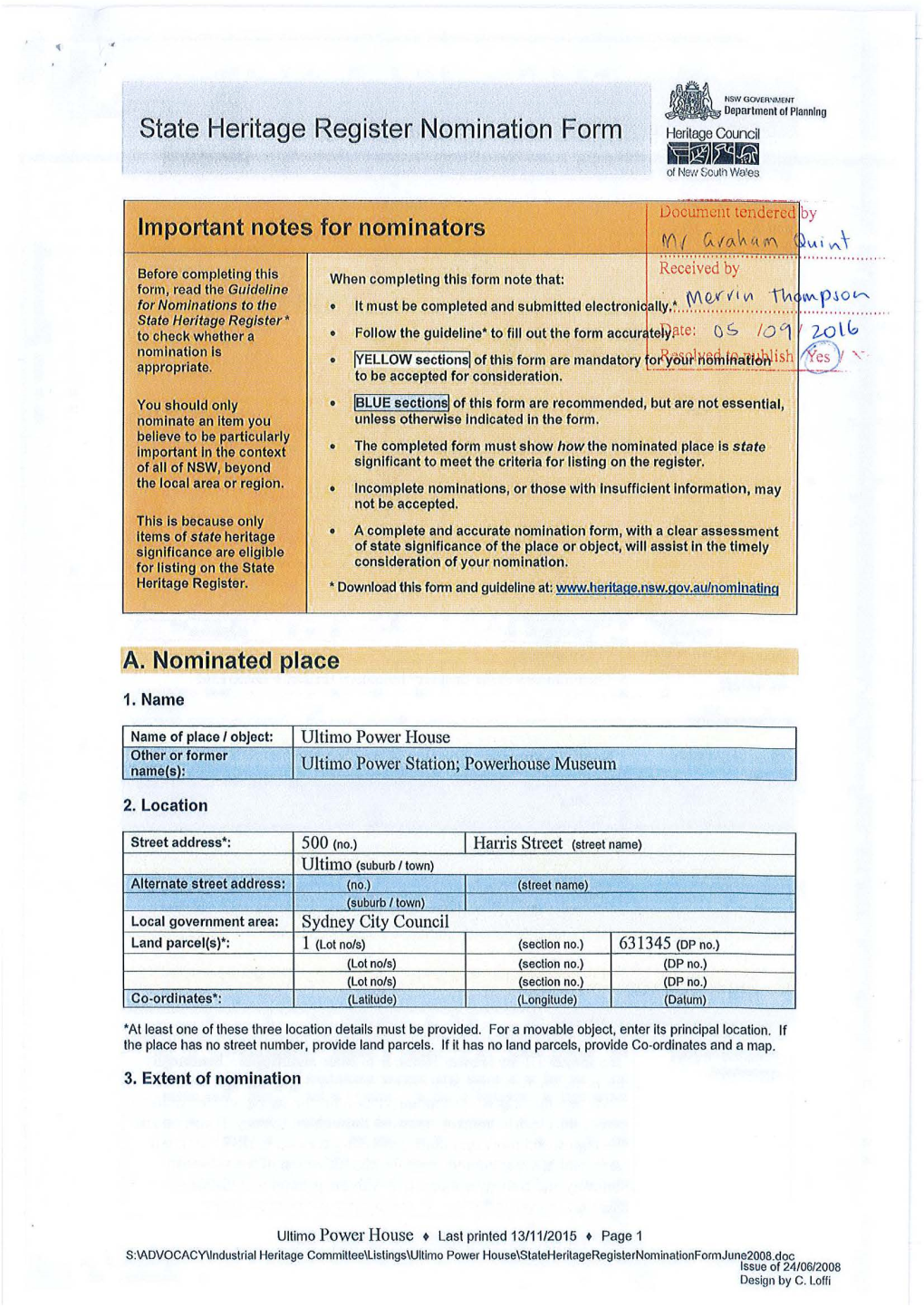 State Heritage Register Nomination Form for Ultimo Powerhouse