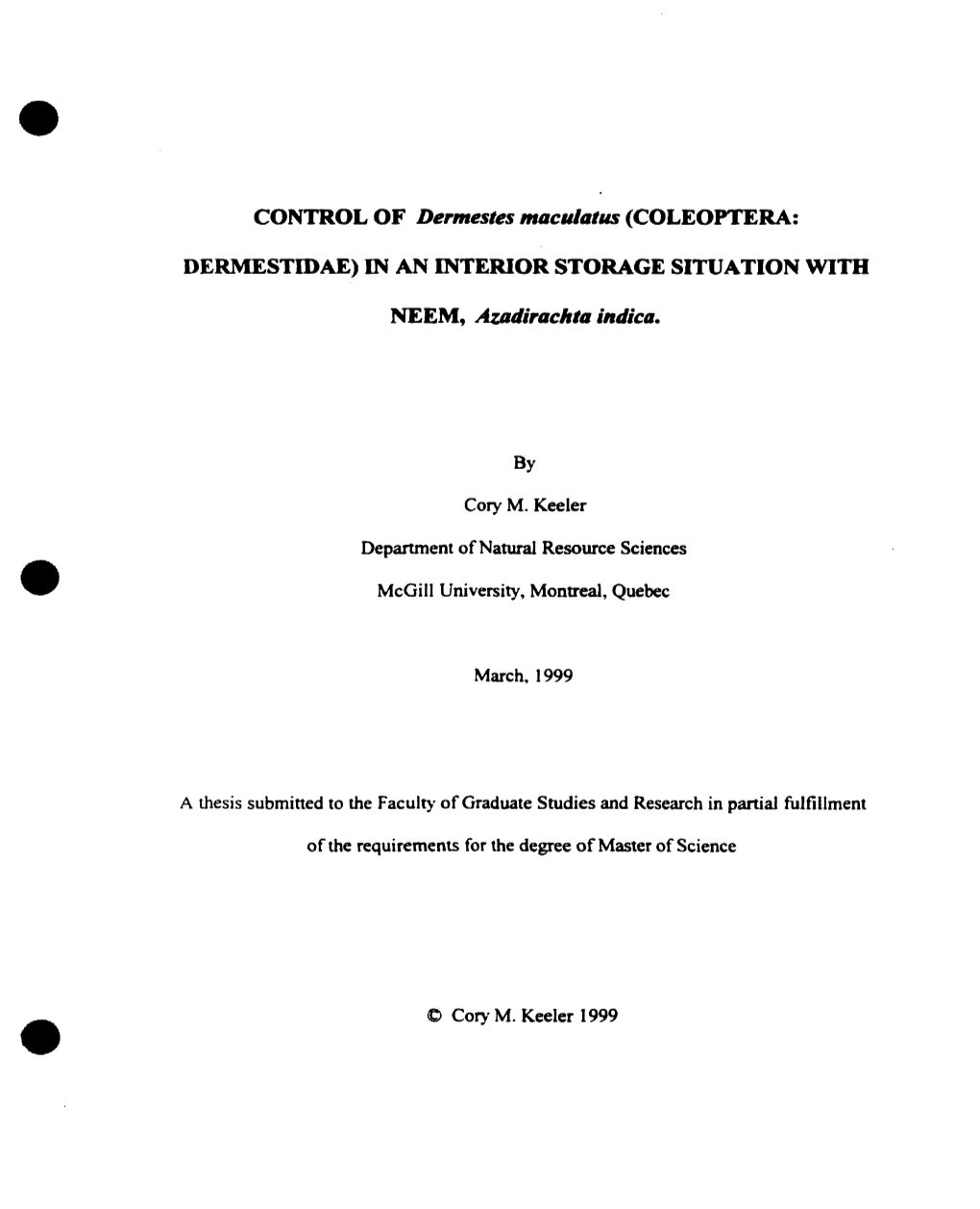 CONTROL of Dermestes Maculatus (COLEOPTERA