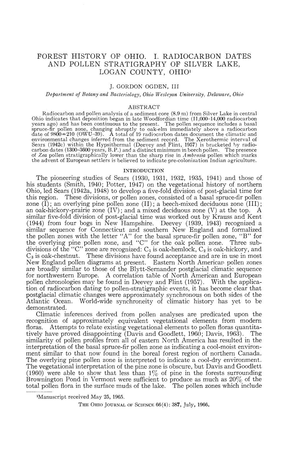 Forest History of Ohio. I, Radiocarbon Dates and Pollen Stratigraphy Of