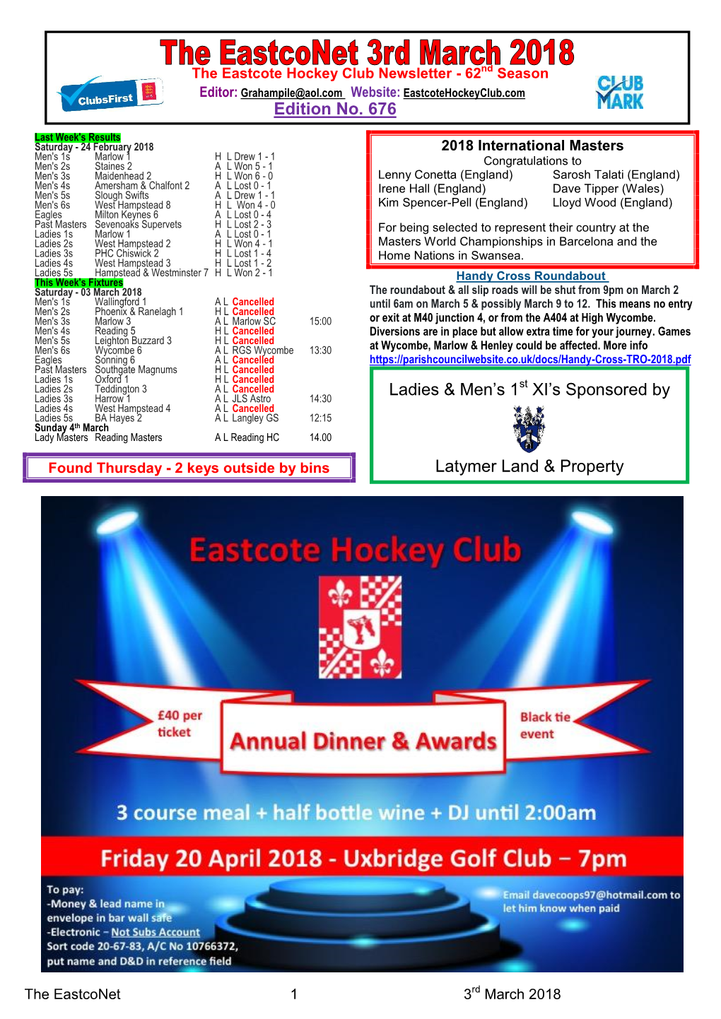 Edition No. 676 Ladies & Men's 1St XI's Sponsored by Latymer Land