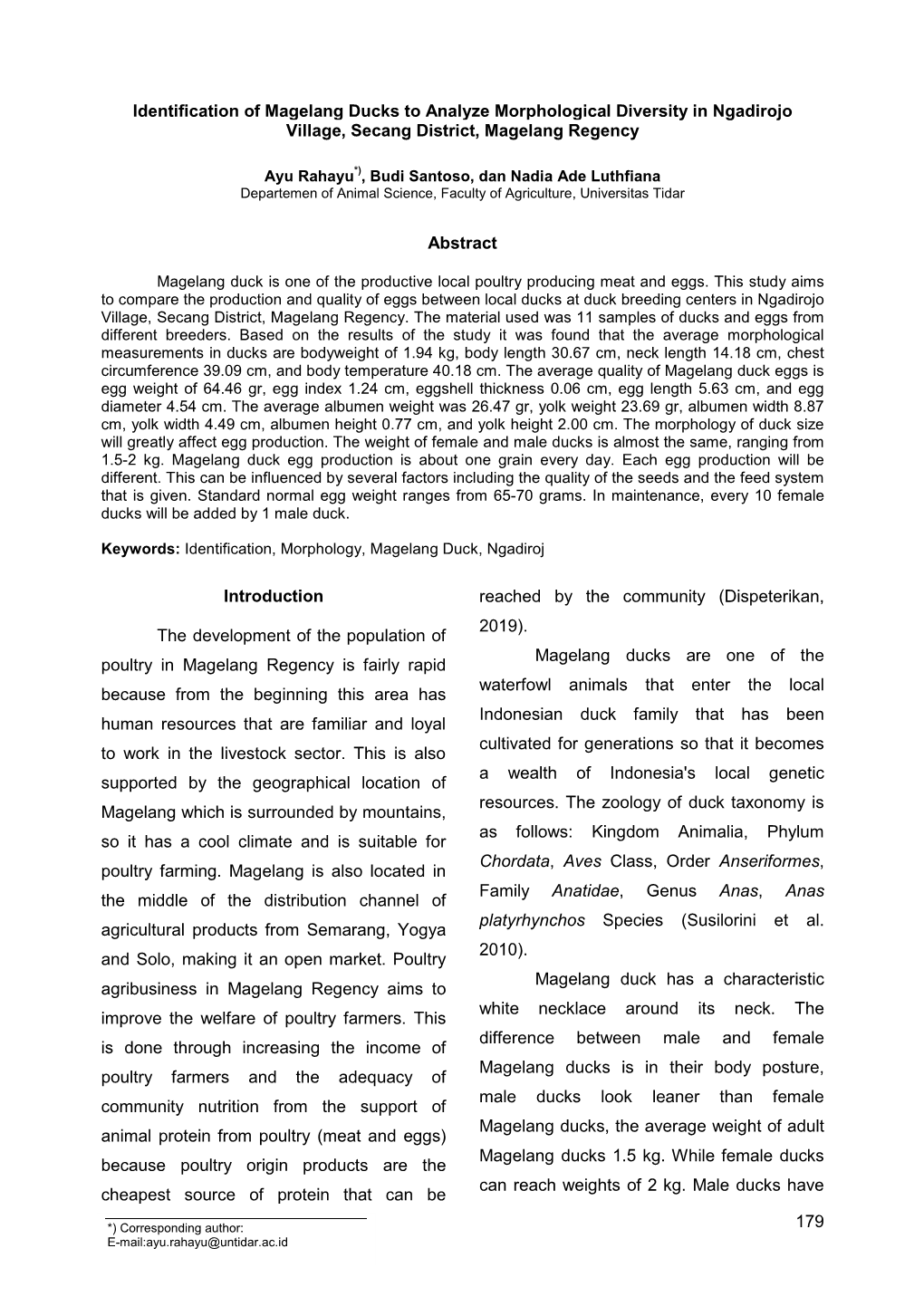 179 Identification of Magelang Ducks to Analyze Morphological Diversity