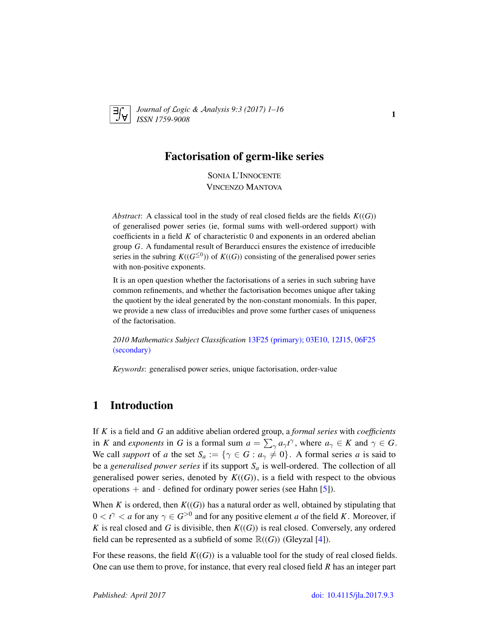 Factorisation of Germ-Like Series 1 Introduction