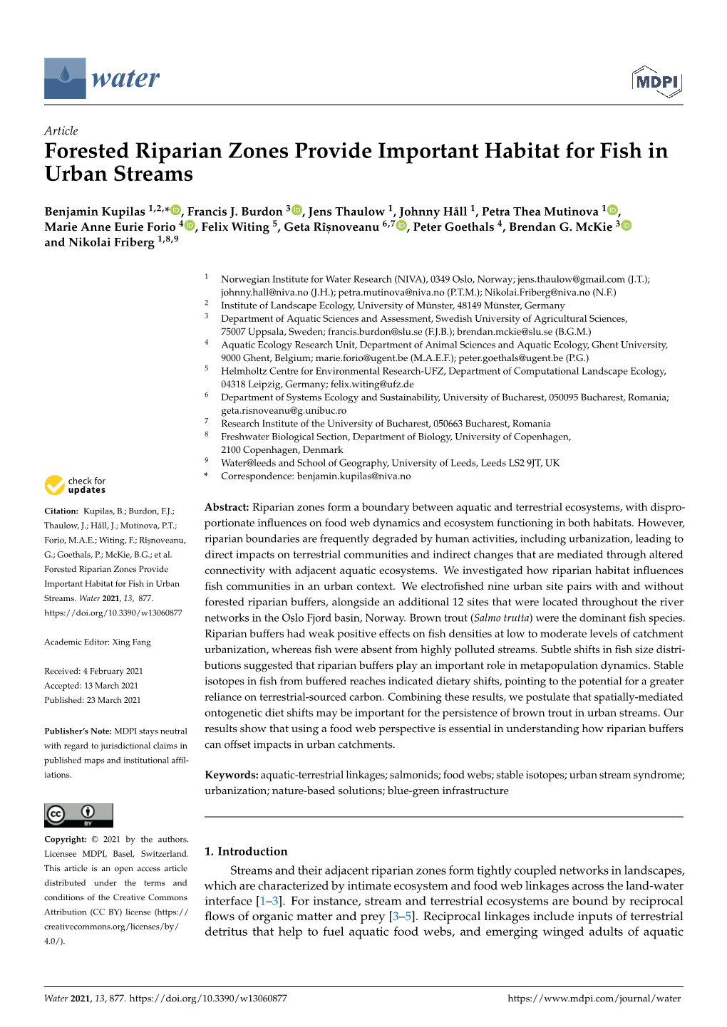 Forested Riparian Zones Provide Important Habitat for Fish in Urban Streams
