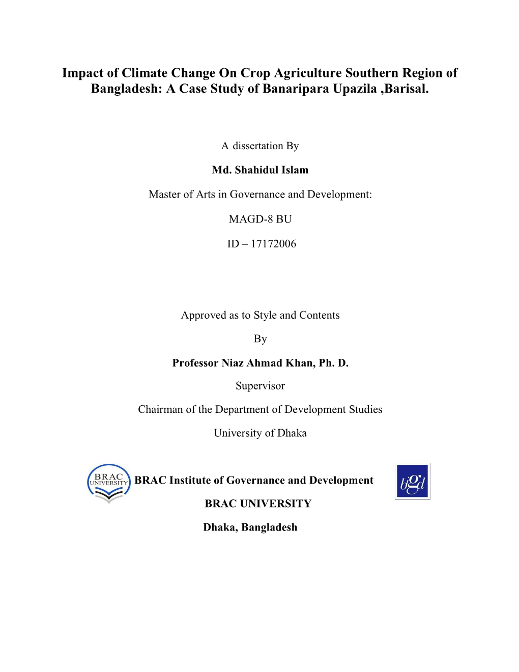 Impact of Climate Change on Crop Agriculture Southern Region of Bangladesh: a Case Study of Banaripara Upazila ,Barisal