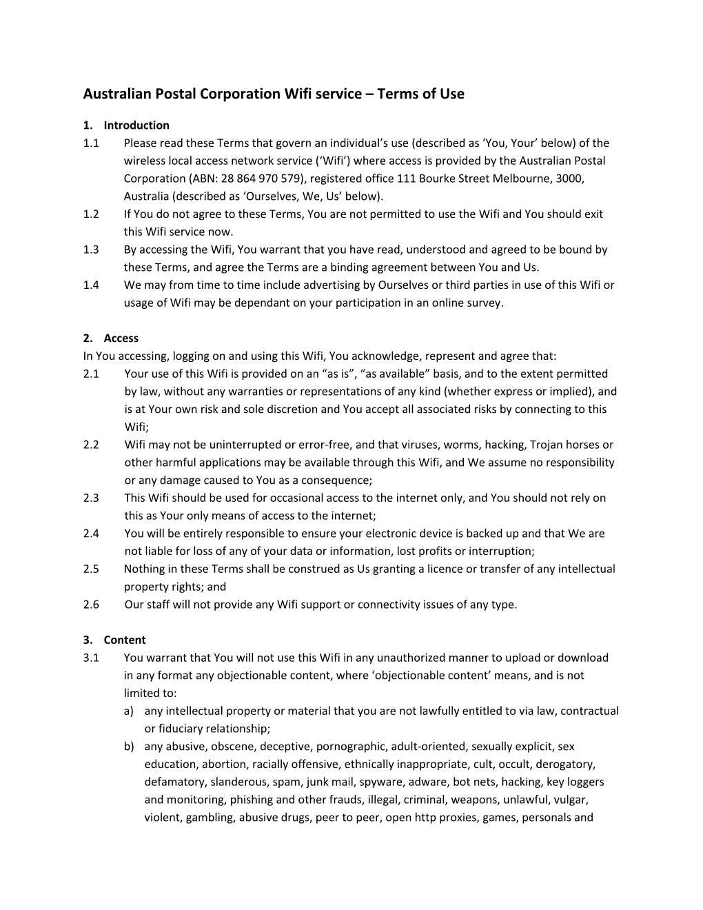 Australian Postal Corporation Wifi Service – Terms of Use