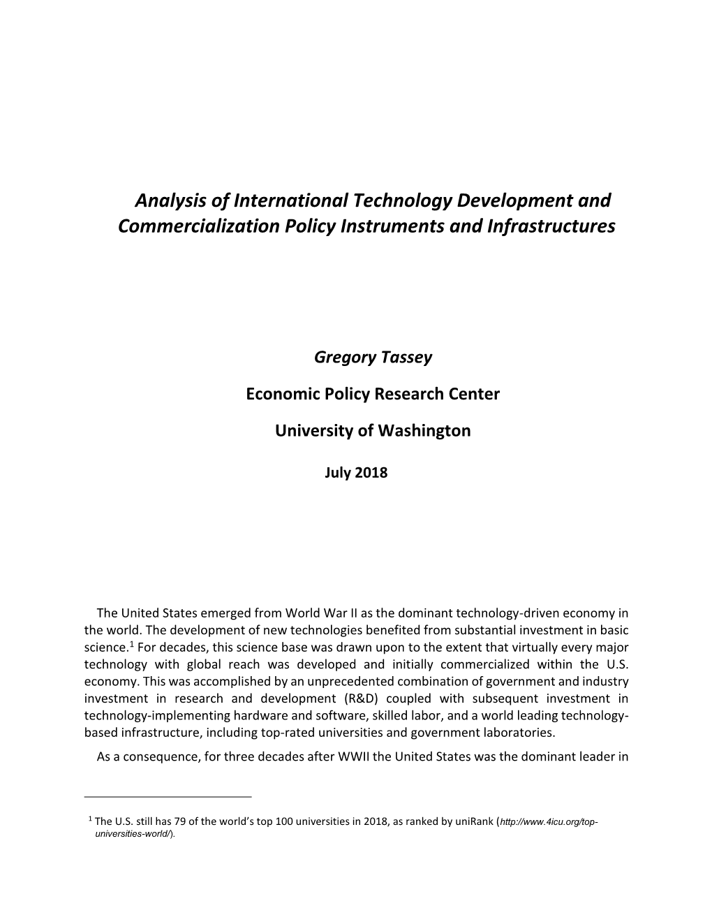 Analysis of International Technology Development and Commercialization Policy Instruments and Infrastructures