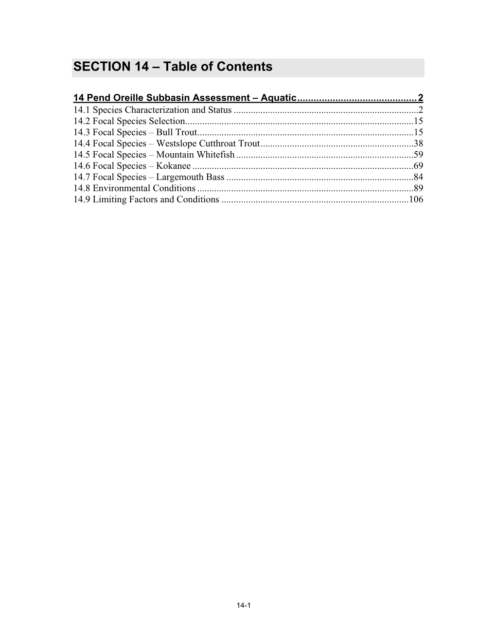 SECTION 14 – Table of Contents
