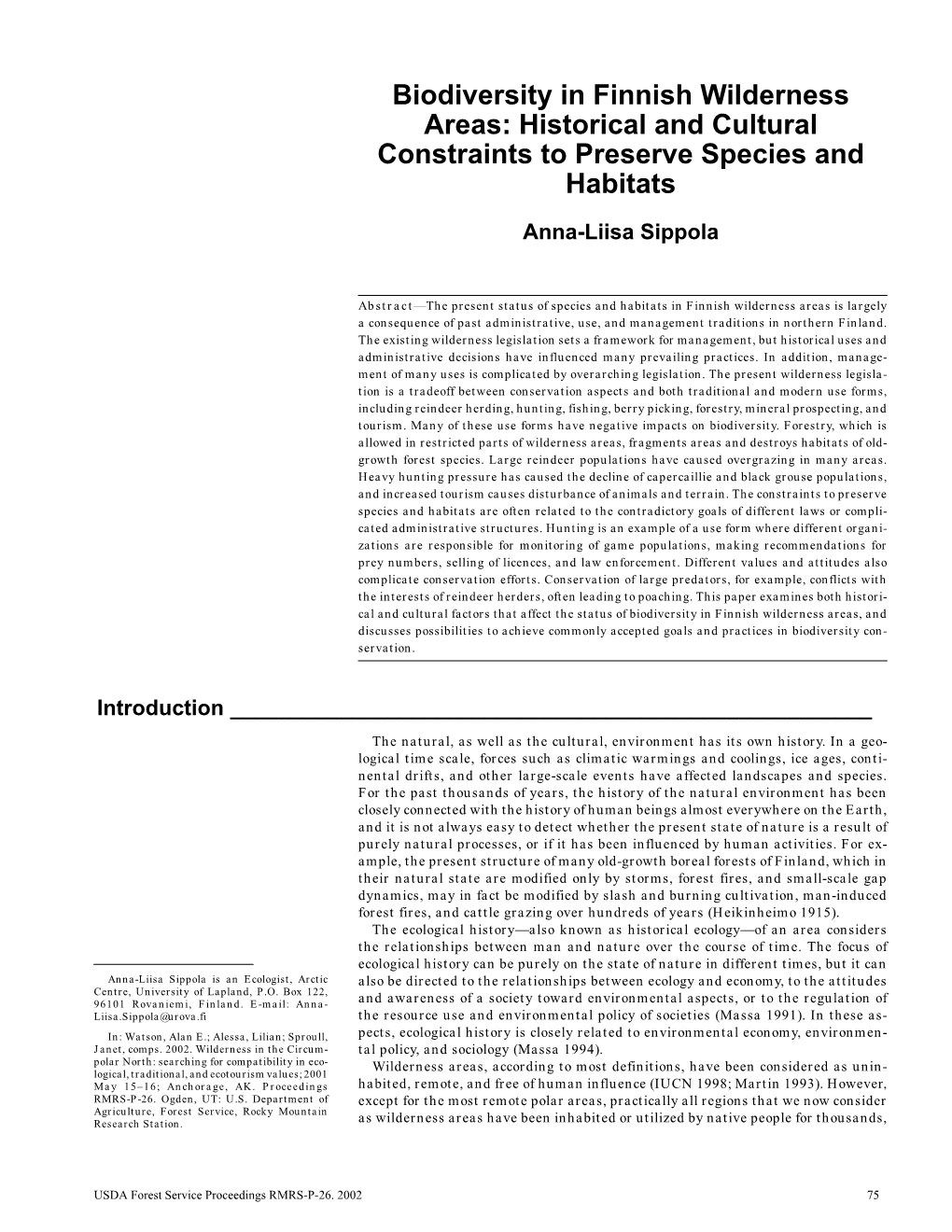 Biodiversity in Finnish Wilderness Areas: Historical and Cultural Constraints to Preserve Species and Habitats