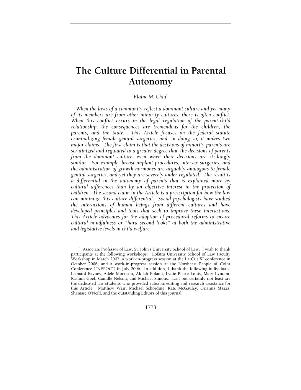 The Culture Differential in Parental Autonomy