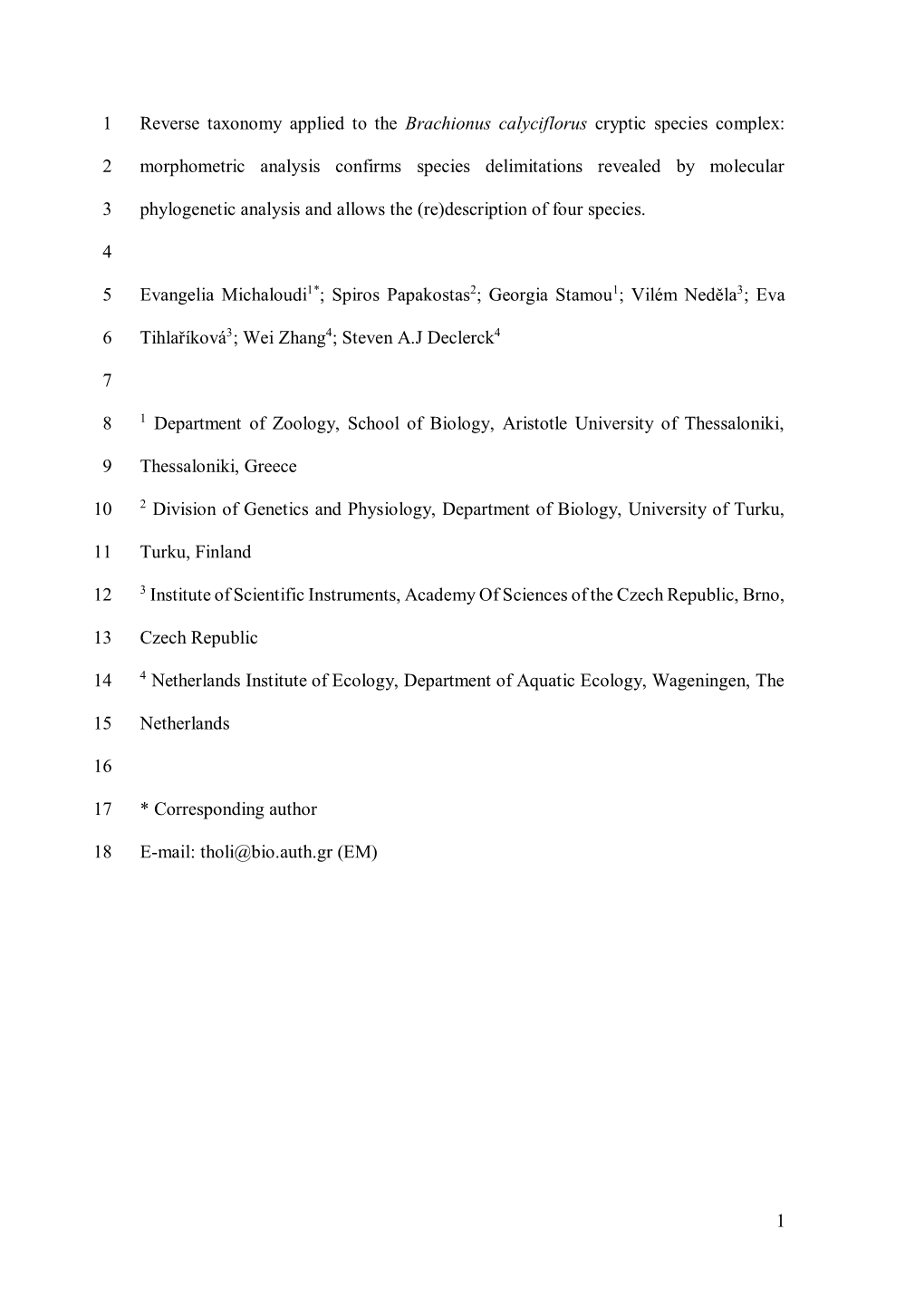 1 Reverse Taxonomy Applied to the Brachionus Calyciflorus Cryptic Species Complex