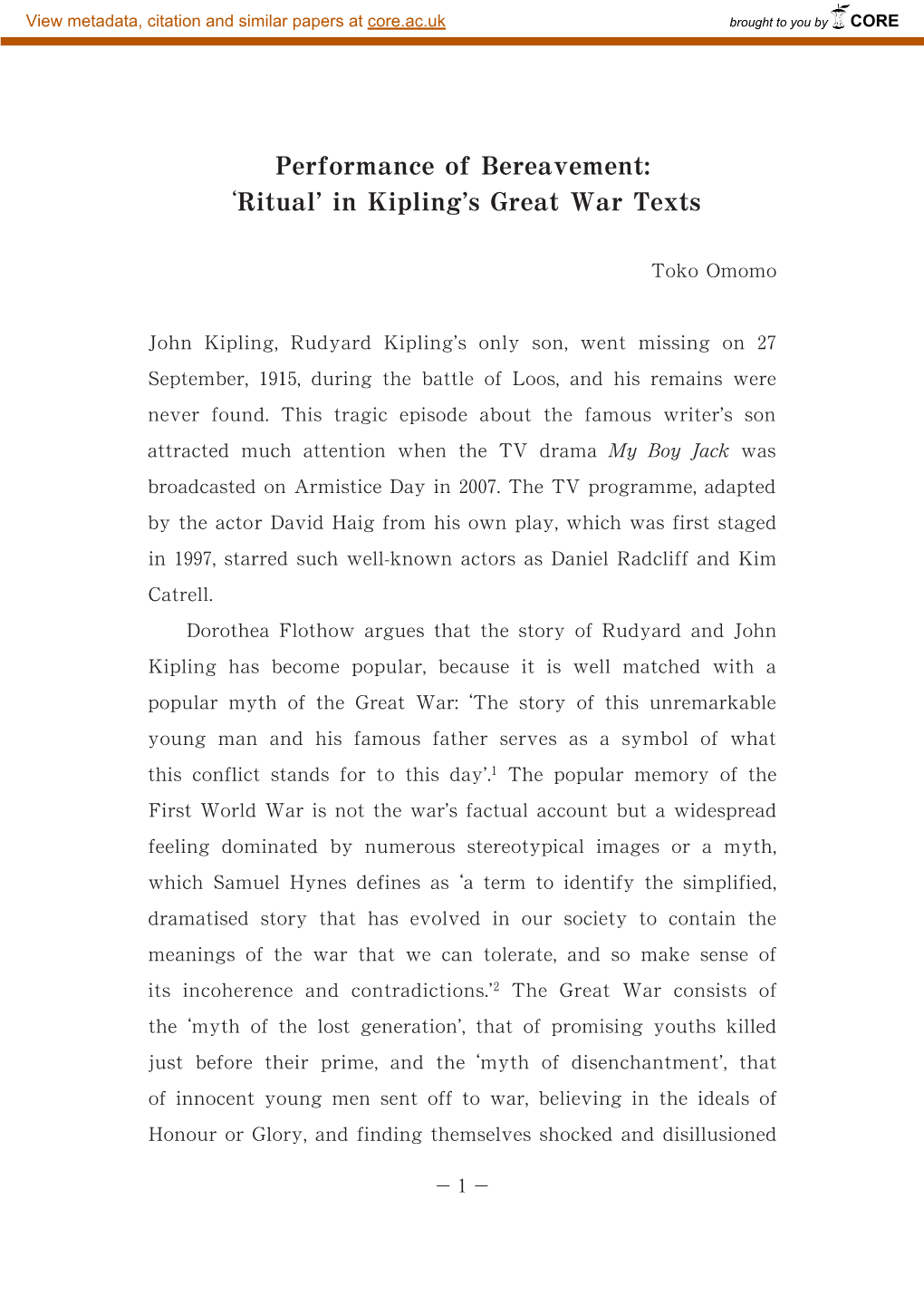 Performance of Bereavement: 'Ritual' in Kipling's Great War Texts