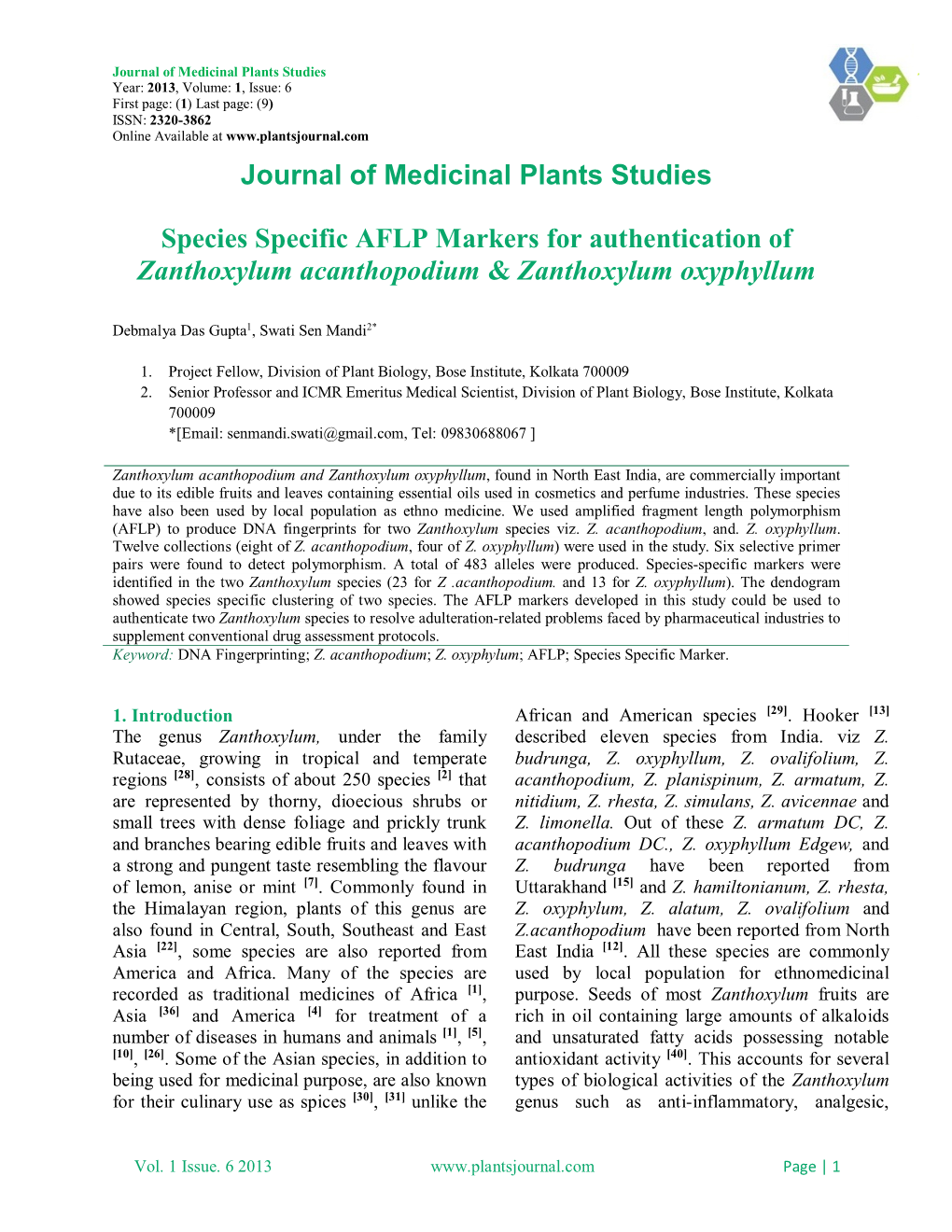 Journal of Medicinal Plants Studies Species Specific AFLP Markers For