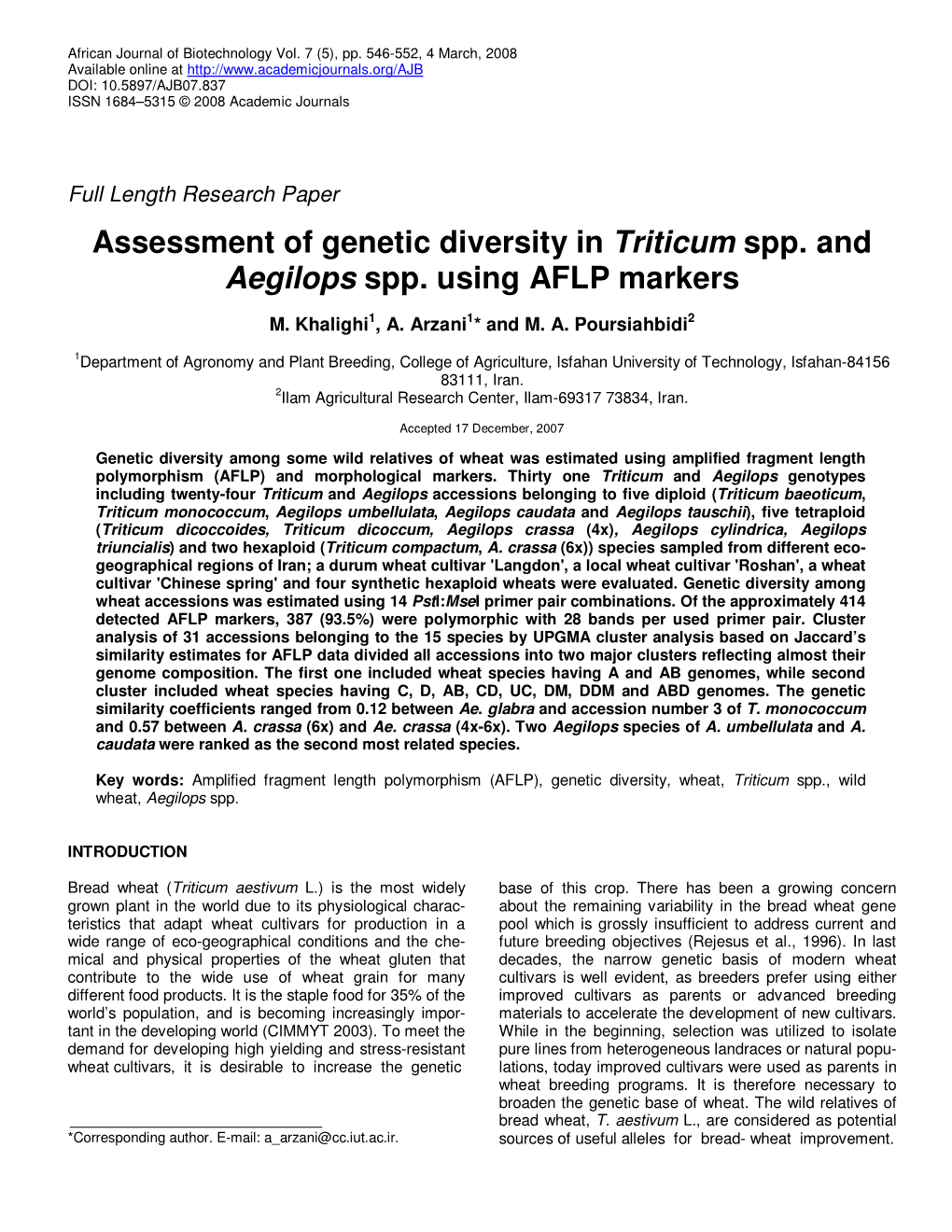 Assessment of Genetic Diversity in Triticum Spp. and Aegilops Spp