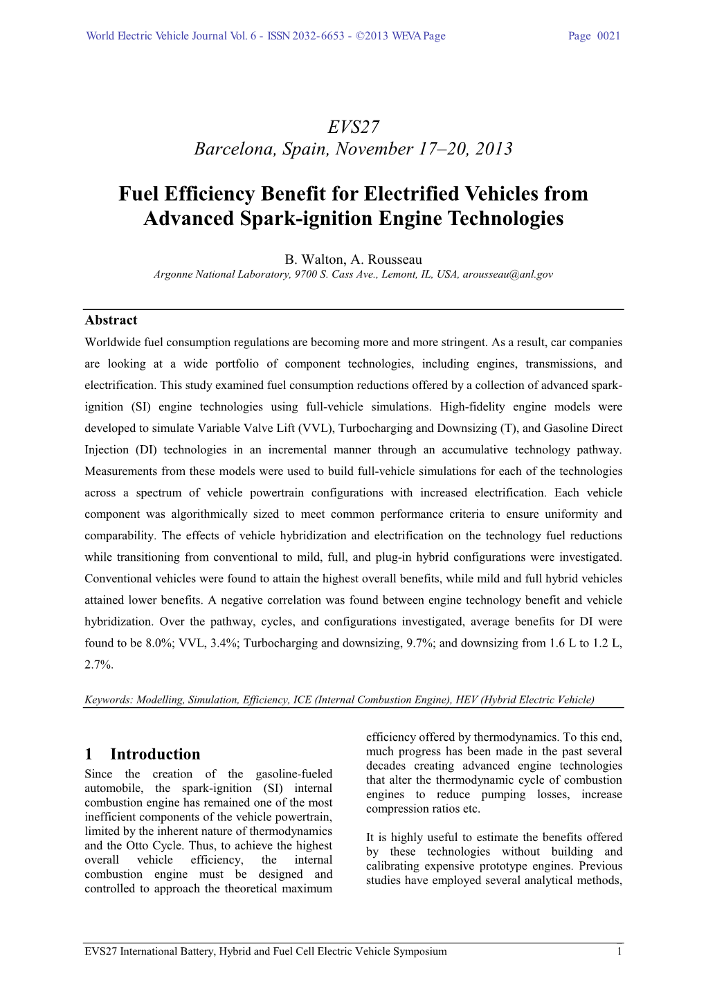 Fuel Efficiency Benefit for Electrified Vehicles from Advanced Spark-Ignition Engine Technologies