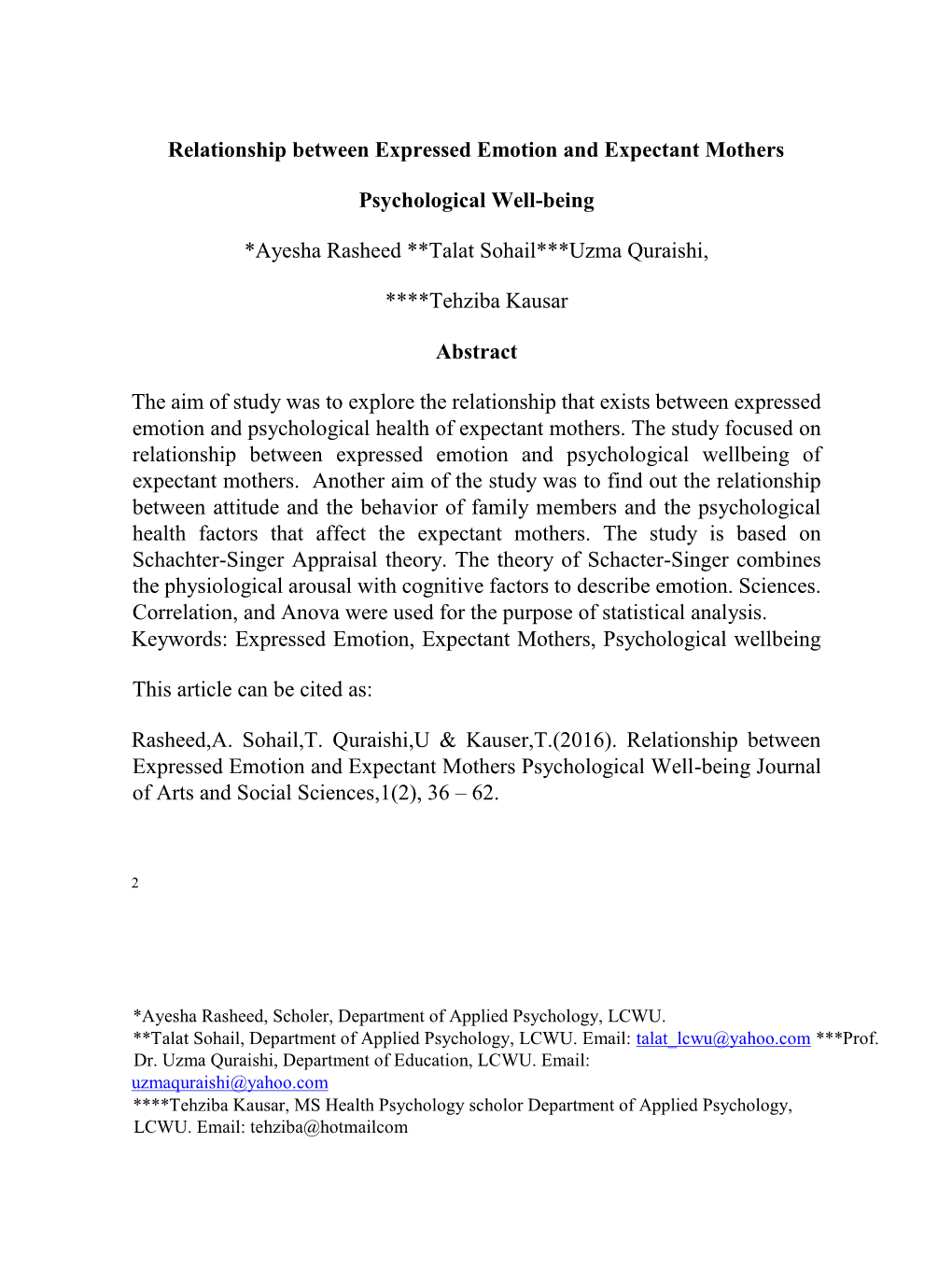 Relationship Between Expressed Emotion and Expectant Mothers