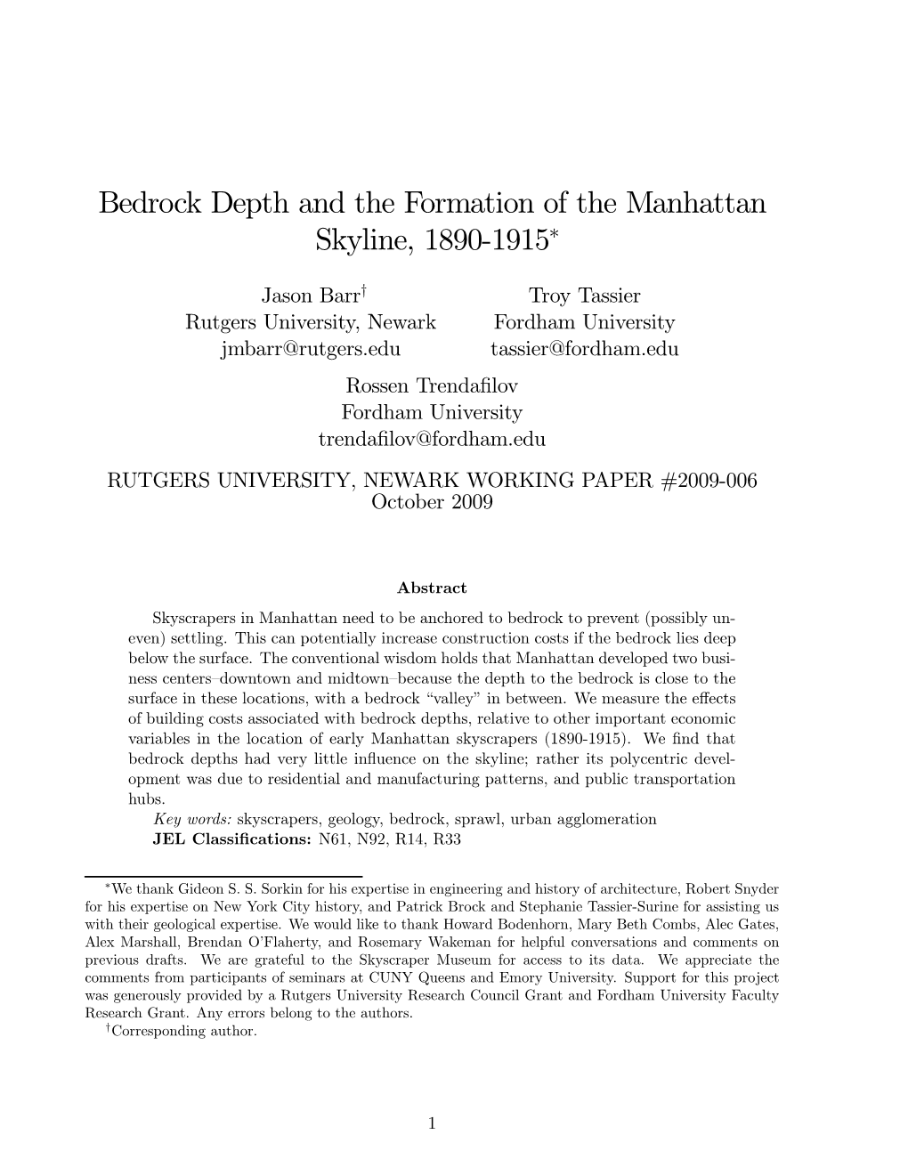 Bedrock Depth and the Formation of the Manhattan Skyline, 1890-1915∗