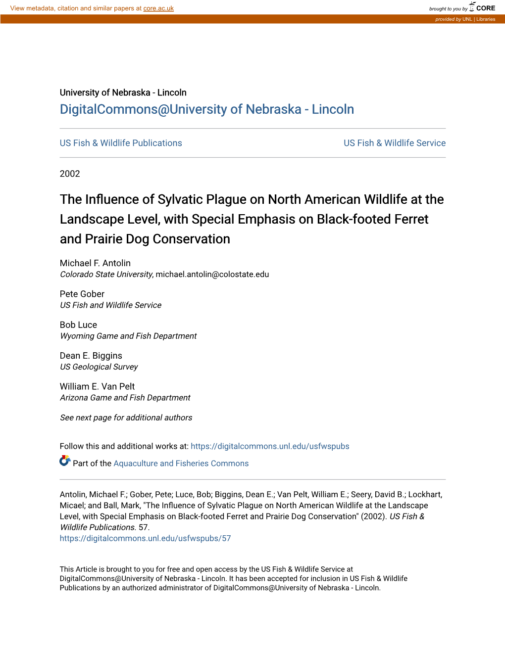 The Influence of Sylvatic Plague on North American Wildlife at the Landscape Level, with Special Emphasis on Black-Footed Ferret and Prairie Dog Conservation