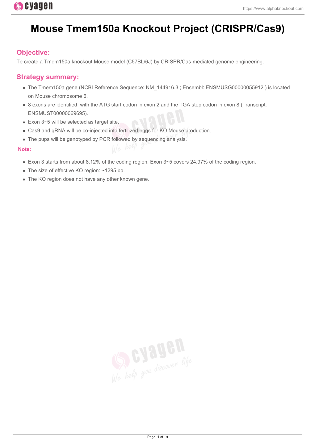 Mouse Tmem150a Knockout Project (CRISPR/Cas9)