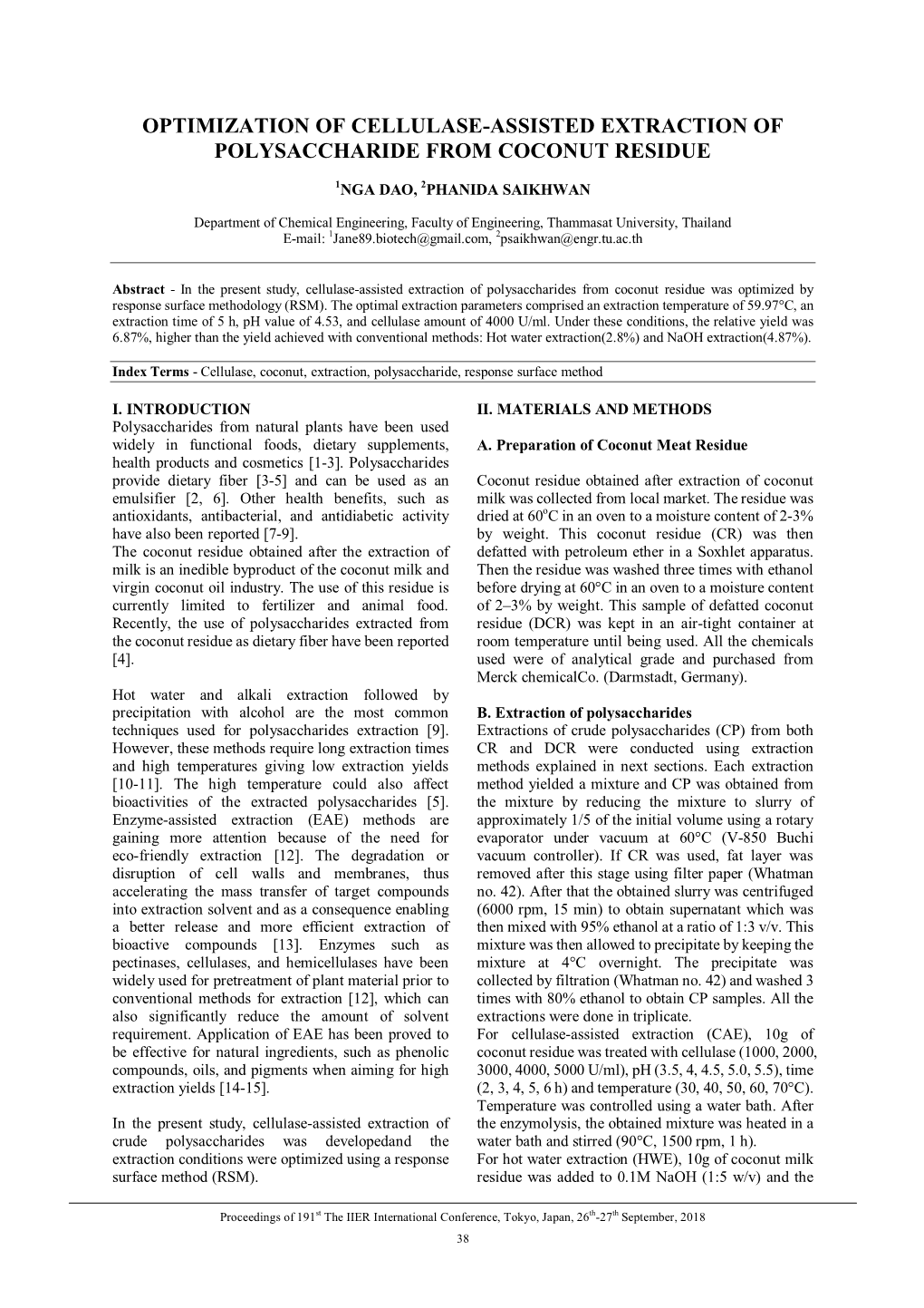 Optimization of Cellulase-Assisted Extraction of Polysaccharide from Coconut Residue