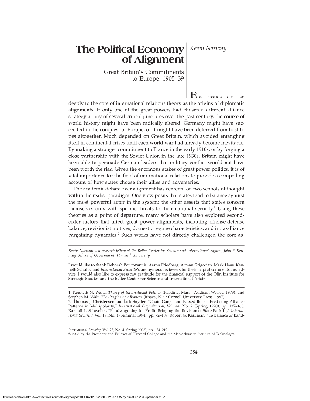 The Political Economy of Alignment the Political Economy Kevin Narizny of Alignment Great Britain’S Commitments to Europe, 1905–39