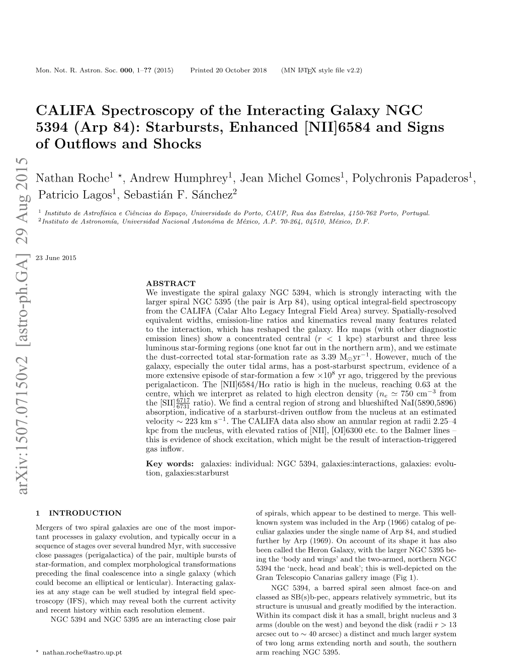 CALIFA Spectroscopy of the Interacting Galaxy NGC 5394 (Arp 84): Starbursts, Enhanced [NII] 6584 and Signs of Outflows and Shocks