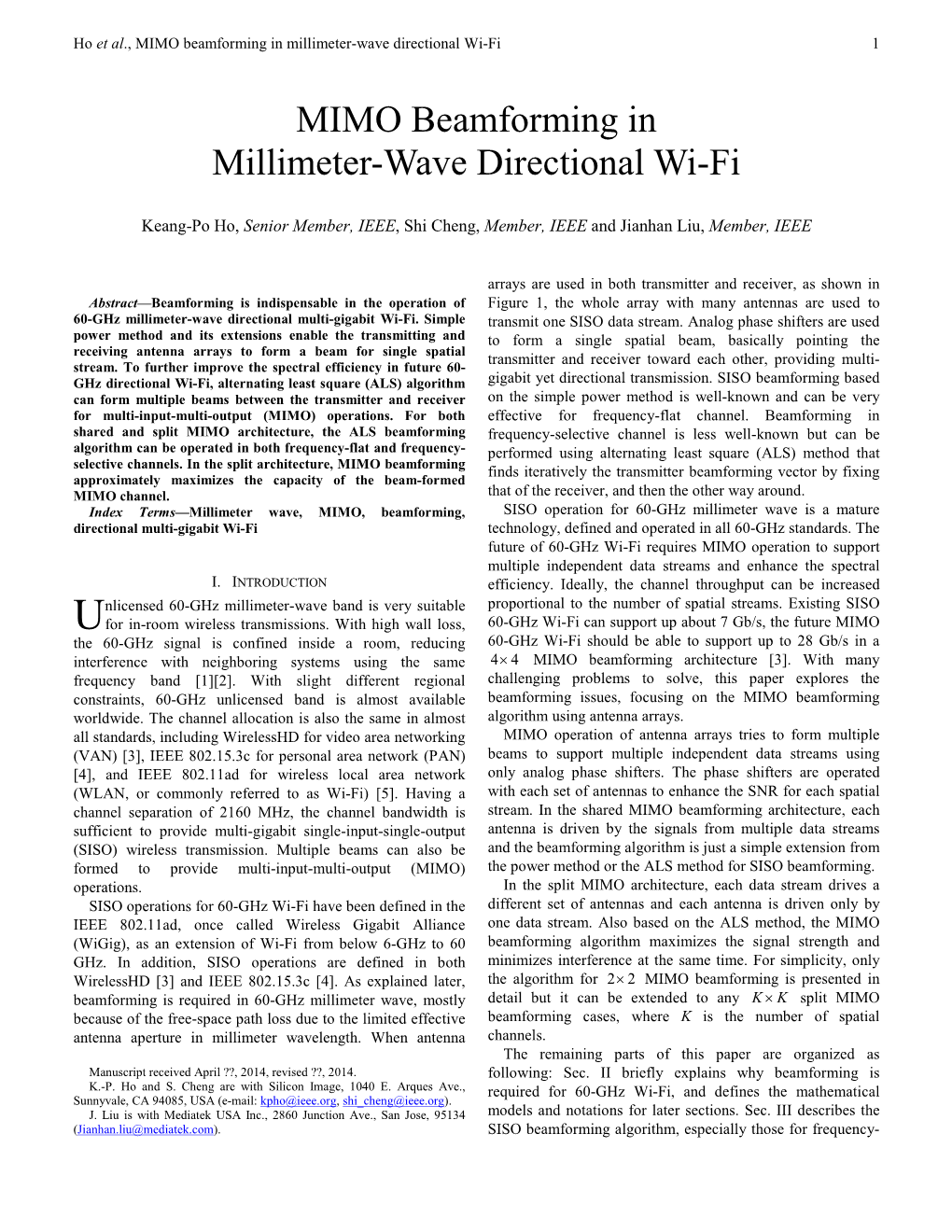 MIMO Beamforming in Millimeter-Wave Directional Wi-Fi 1