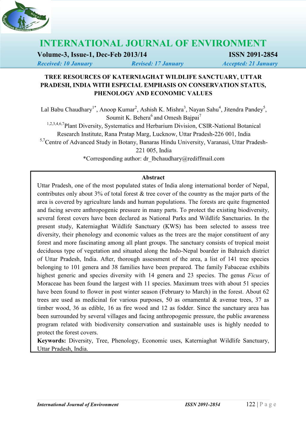 Tree Resources of Katerniaghat Wildlife Sanctuary, Uttar Pradesh, India with Especial Emphasis on Conservation Status, Phenology and Economic Values