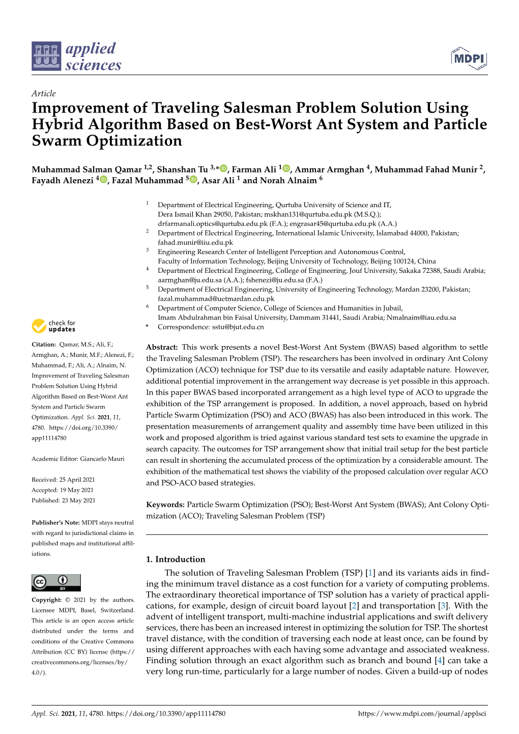 Improvement of Traveling Salesman Problem Solution Using Hybrid Algorithm Based on Best-Worst Ant System and Particle Swarm Optimization