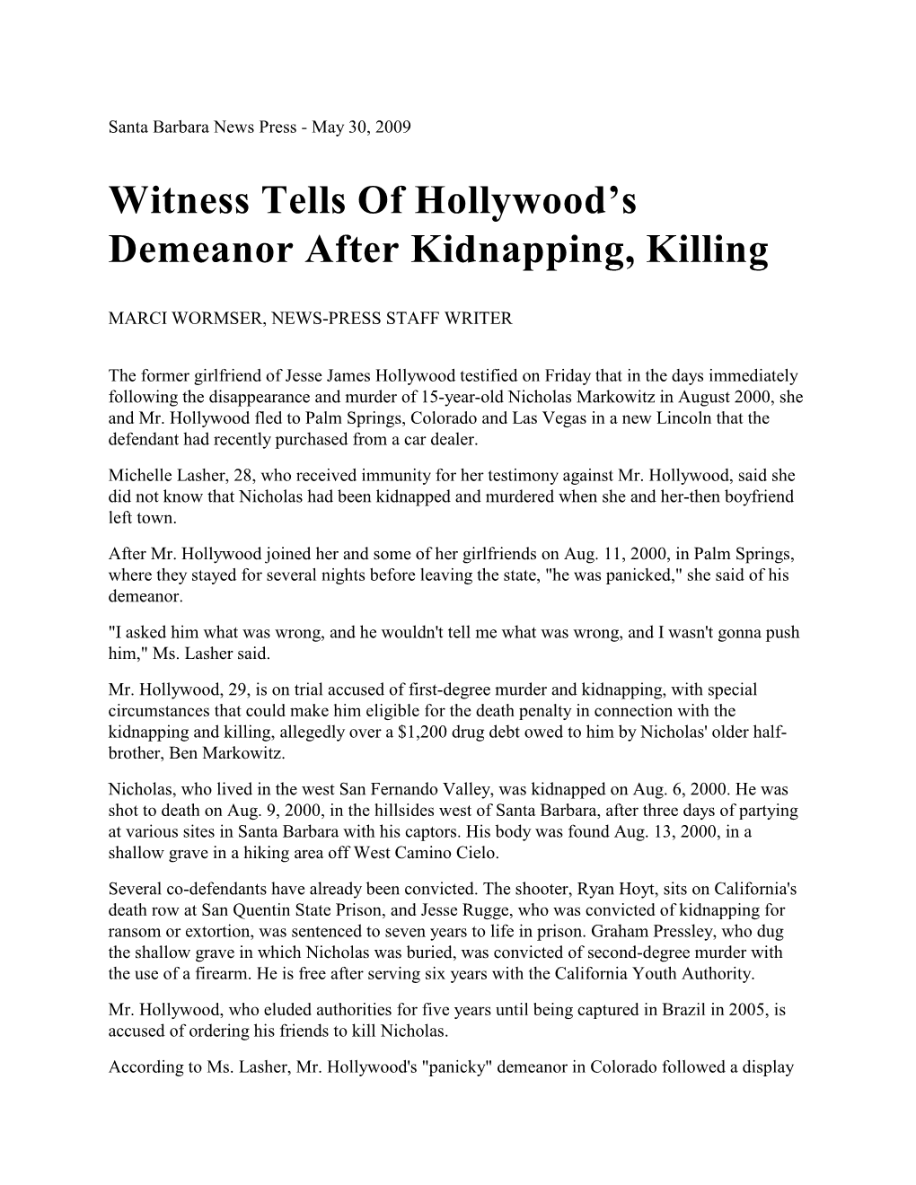 Witness Tells of Hollywood's Demeanor After Kidnapping, Killing