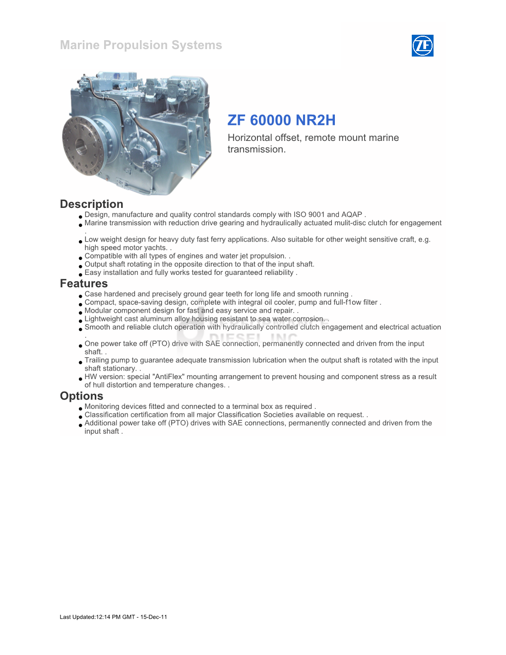 ZF 60000 NR2H Horizontal Offset, Remote Mount Marine Transmission