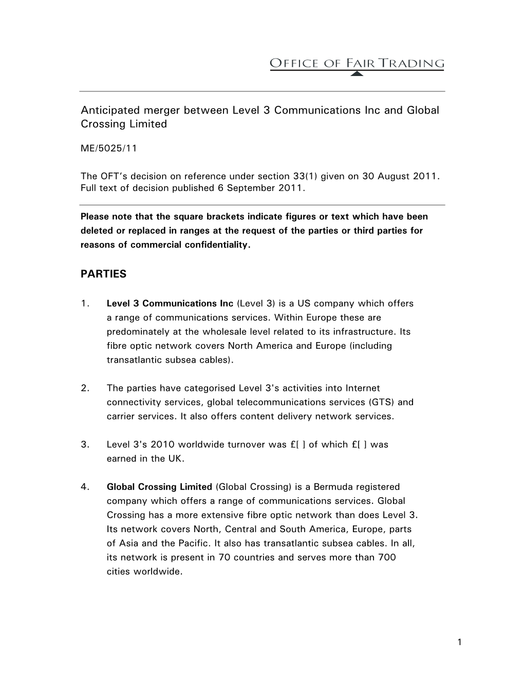 The OFT's Decision on Reference Under Section 33(1)