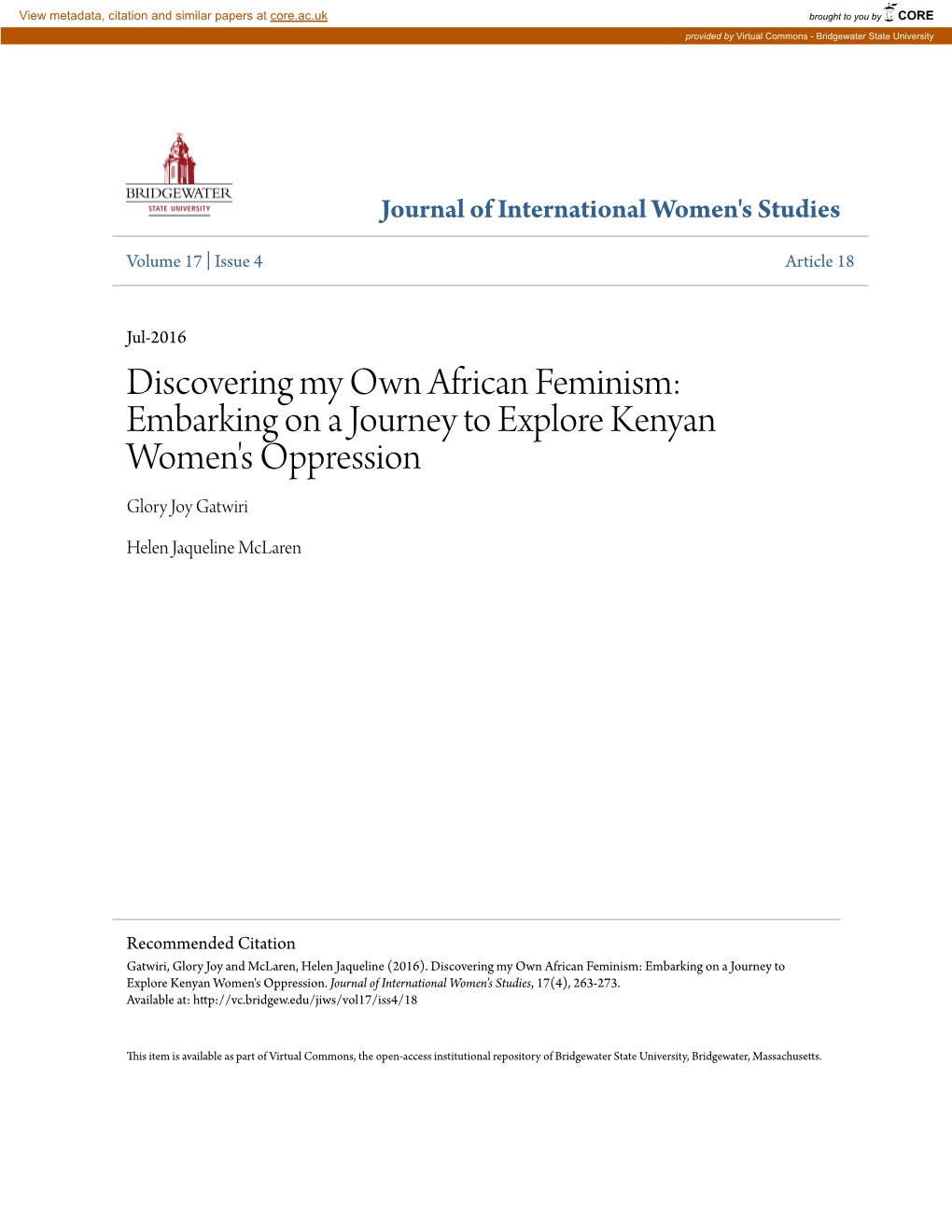 Discovering My Own African Feminism: Embarking on a Journey to Explore Kenyan Women's Oppression Glory Joy Gatwiri