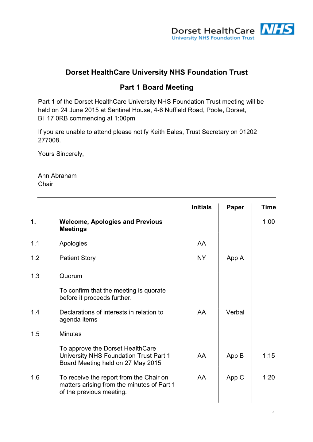 Dorset Healthcare University NHS Foundation Trust Part 1 Board