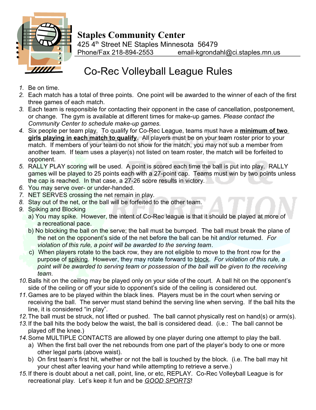 Co-Rec Volleyball League Rules