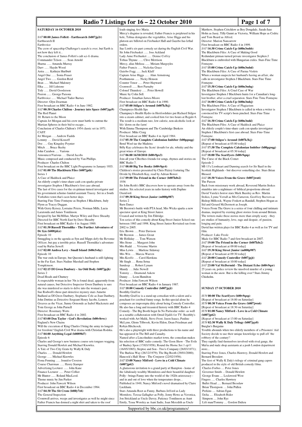 Radio 7 Listings for 16 – 22 October 2010 Page 1 of 7 SATURDAY 16 OCTOBER 2010 Leads Singing Ave Maria