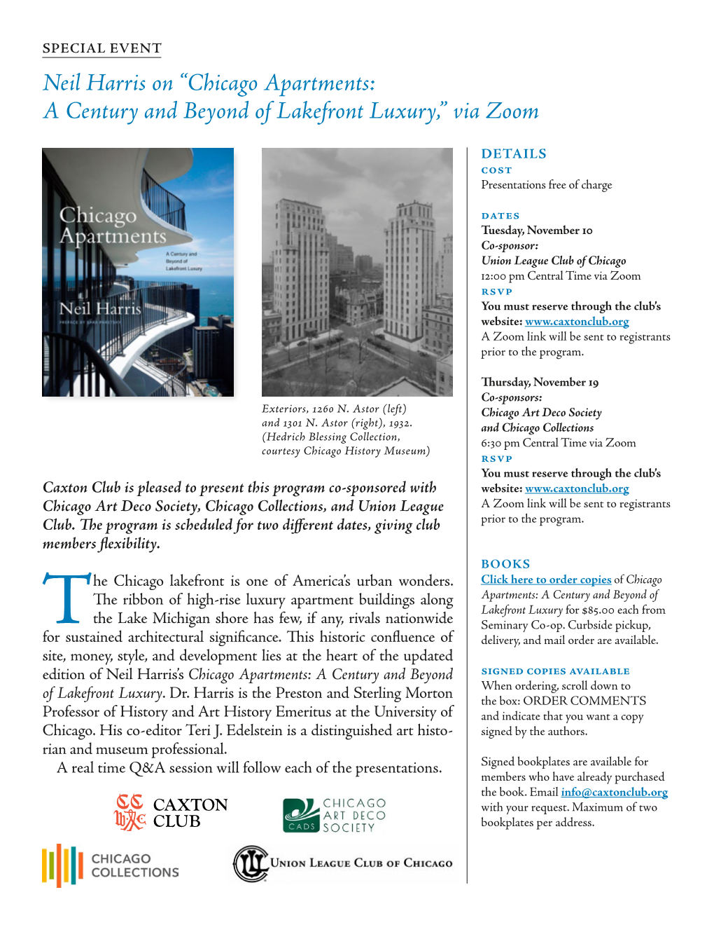 Neil Harris on “Chicago Apartments: a Century and Beyond of Lakefront Luxury,” Via Zoom