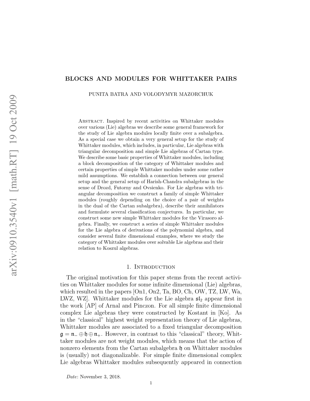 Arxiv:0910.3540V1 [Math.RT] 19 Oct 2009 W,W] Htae Oue O H I Algebra Lie the Wa, LW, for TZ, OW, Modules Ch, Whittaker BO, Ta, On2, WZ]