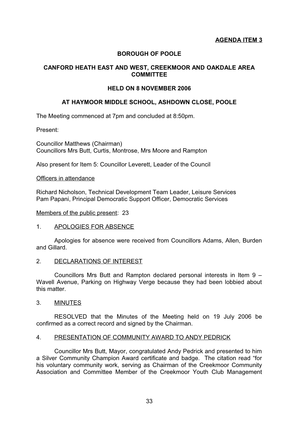 Minutes - Canford Heath East and West, Creekmoor and Oakdale Area Committee - 8 November 2006