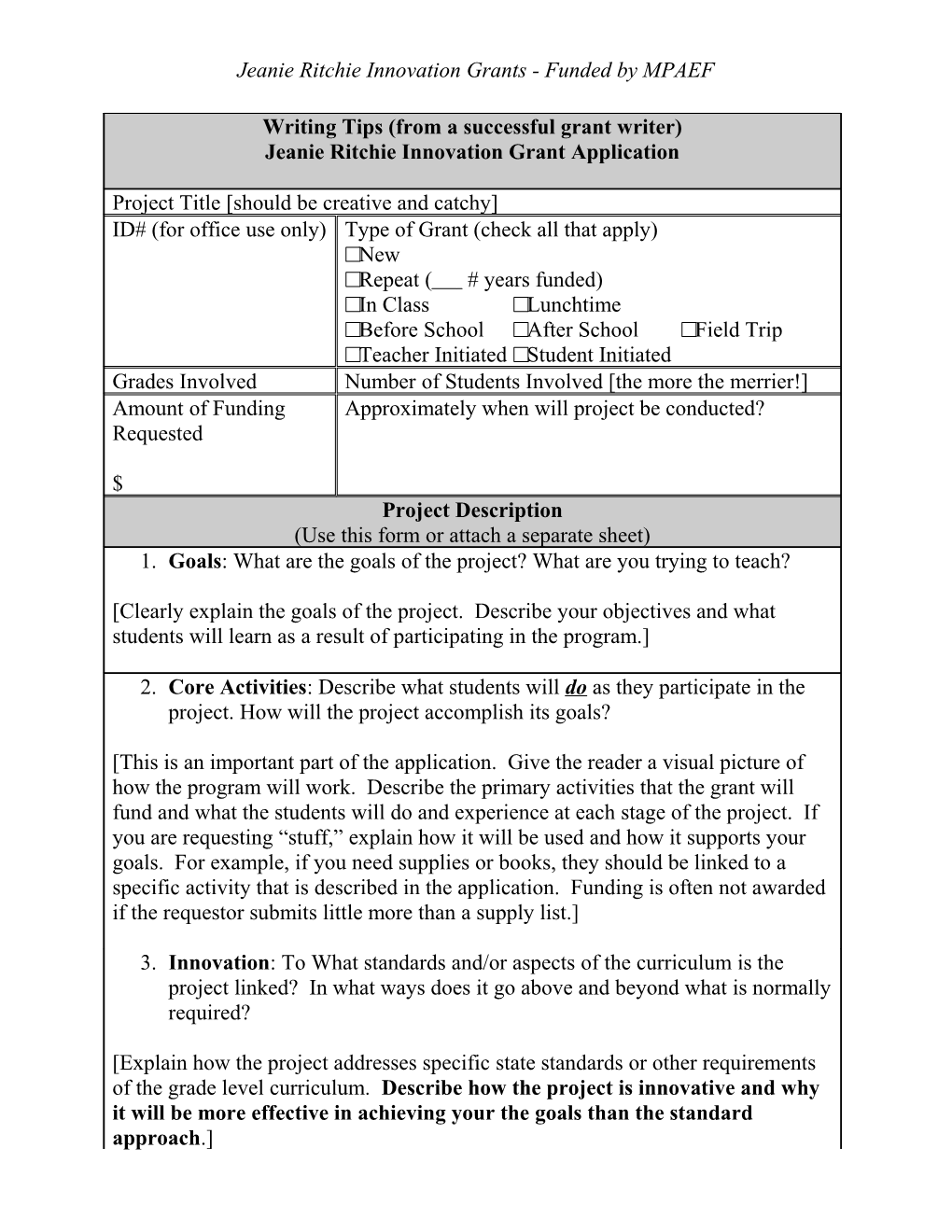 Jeanie Ritchie Grant Application