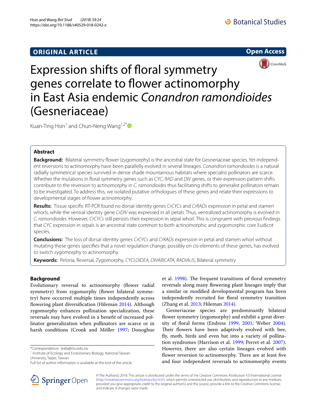 Expression Shifts of Floral Symmetry Genes Correlate to Flower Actinomorphy in East Asia Endemic Conandron Ramondioides (Gesneri