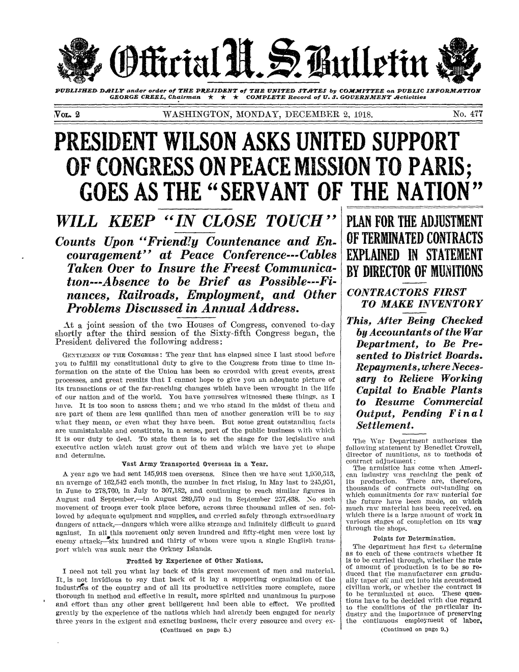 President Wilson Asks United Support of Congress On