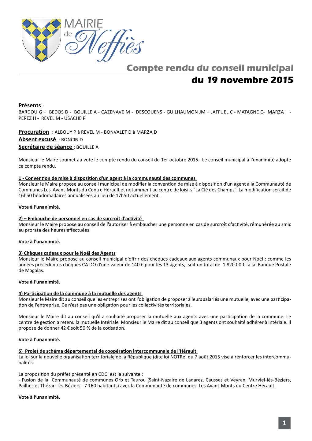 Neffièsde Compte Rendu Du Conseil Municipal Du 19 Novembre 2015