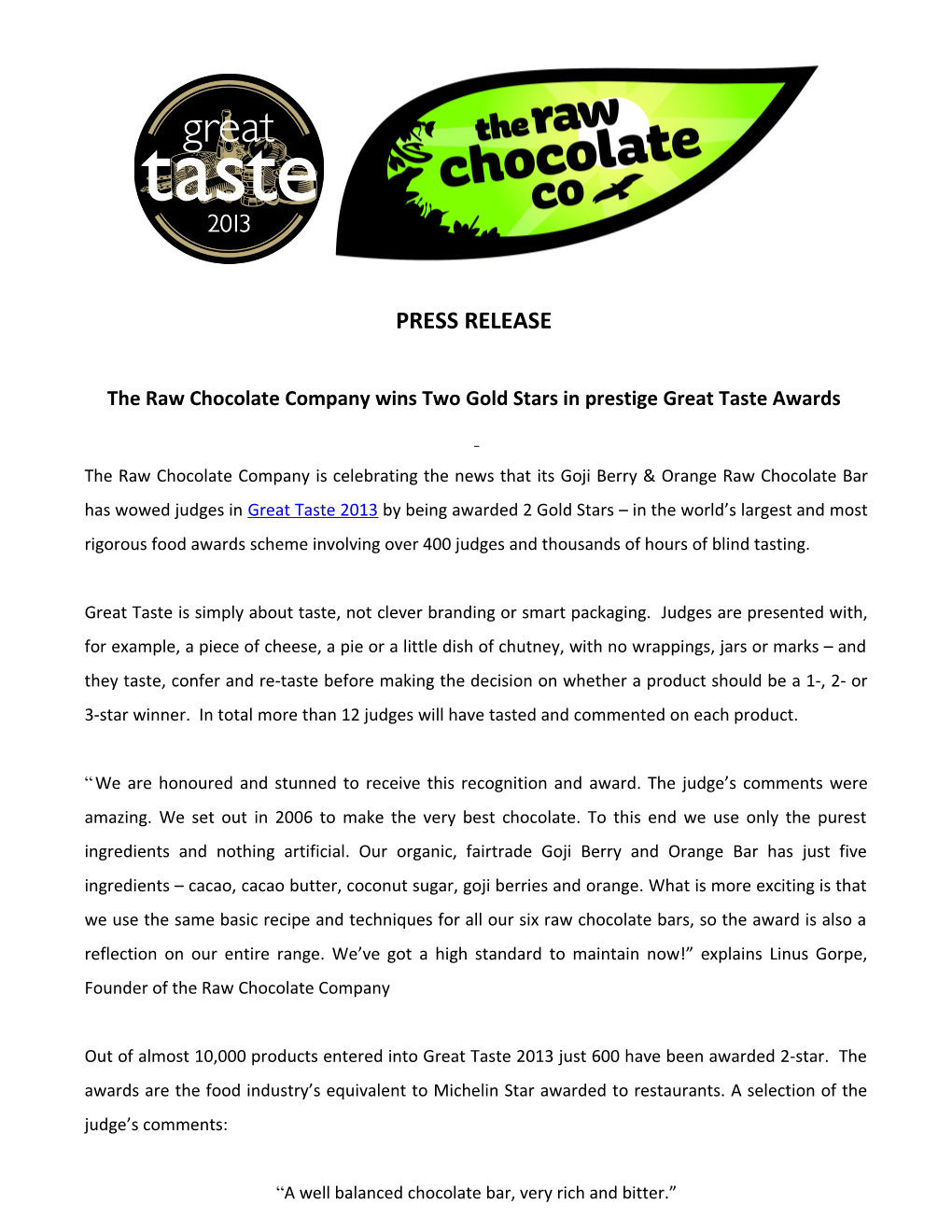 The Raw Chocolate Company Wins Two Gold Stars in Prestige Great Taste Awards